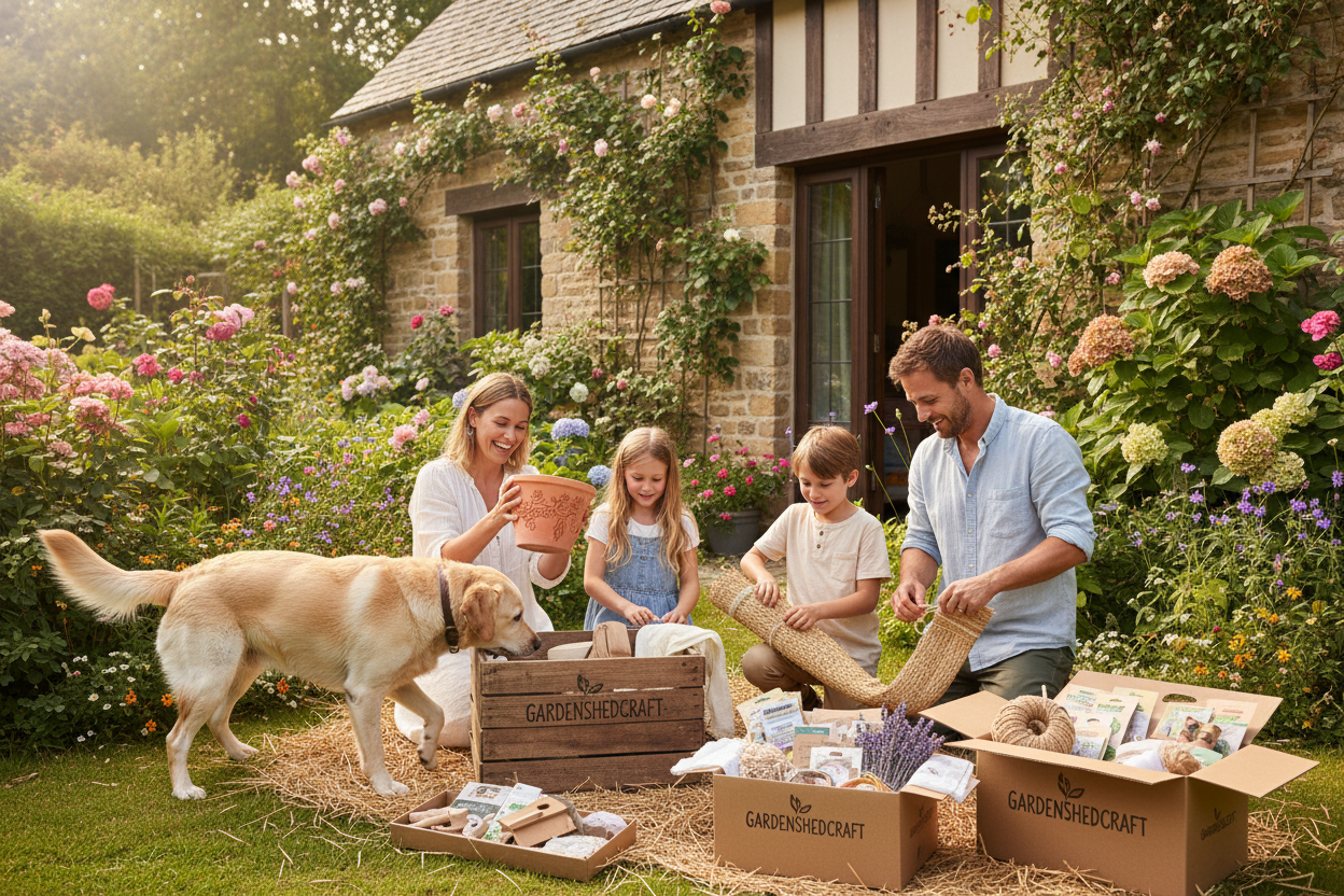 une image lifestyle d'une familleavec un labrador dans un jardin a cote de la maison  qui enjoy un shop de chez Gardenshedcraft
